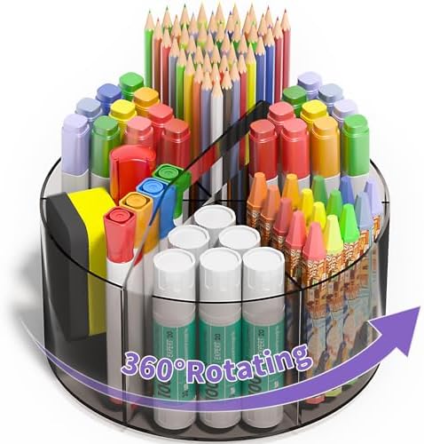 Mefirt Acrylic Pen Organizer, 360 Degree Rotating Desk Organizer with 6 Compartments Crayon Holder for Office, School, Home, Art Supply, Grey by Mefirt