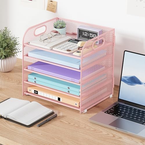 Cawukege 2 Pack 5 Tier Paper Organizer, Letter Tray with Handle, Mesh Desk Organizer, Metal File Organizer, Office Desk Accessories for Home, Office, Classroom, School (Pink, 2) - Image 7