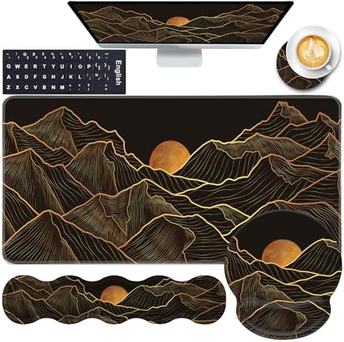 Mouse Pad,Large Pink Desk Mat, 4in1 XXL Mousepad + Keyboard Wrist Rest+Mouse Wrist Rest+Coaster Set with Ergonomic Desk Pad for Home Office Table Computer-Golden Mountain Line Moon Landscape by CICPLKSE