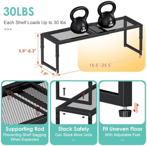 2 Pack Expandable Kitchen Cabinet Shelf Organizer, 15.5"-25.5" Long Adjustable Storage Shelves Organizers for Kitchen Countertop Pantry Cupboard Table Desk Counter, Stackable, 30LBS Load Capacity - Image 7