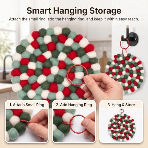 Wool Felt Ball Trivet Pot Mat, 7.8 Inch, Christmas Green, 2 Pack - Image 6