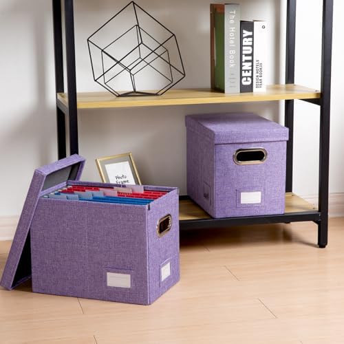 PRANDOM File Organizer Box - Set of 4 Collapsible Decorative Linen Filing Storage Hanging File Folders with Lids Office Cabinet Letter Size Purple (14x9.3x10.8 inch) - Image 3