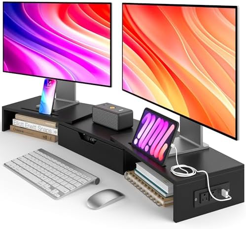 Dual Monitor Stand with USB Ports Wood Monitor Stand Riser with Drawer by Elephance