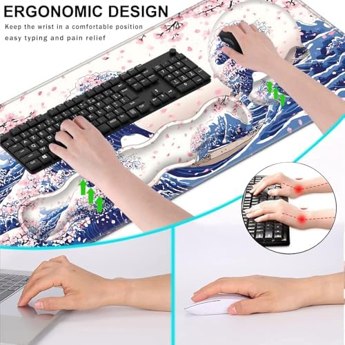 Mouse Pad,Large Pink Desk Mat, 4in1 XXL Mousepad + Keyboard Wrist Rest+Mouse Wrist Rest+Coaster Set with Ergonomic Desk Pad for Home Office Table Computer-Japanese Sea Wave - Image 6