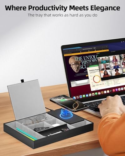 Leather Valet Tray with Wireless Charging Pad - Luxury EDC Nightstand Organizer for Men - Premium Desk Tray for Phone, Watch, Glasses & Keys - Sleek Office Desk Accessories & Gift for Him (Black) - Image 3