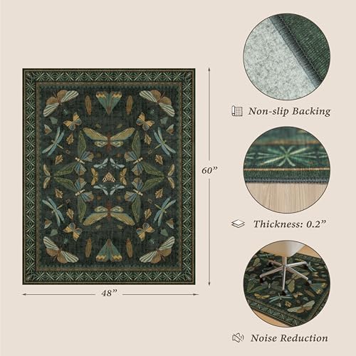 Dark Green Vintage Insect Office Chair Mat 4'x5', Decorative Desk Rug for Hardwood Floors, Washable Non Slip Low Pile Computer Chair Rug, 48"x60" Floor Protector for Home Office - Image 2