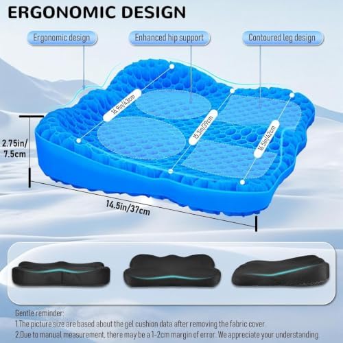 NEW-Vi Gel Seat Cushion, Thickened Big Breathable Honeycomb Design Absorbs Pressure Points Gel Cushion with Anti-Slip Cover Seat Cushion for Office Chair Home Car Seat Cushion - Image 2