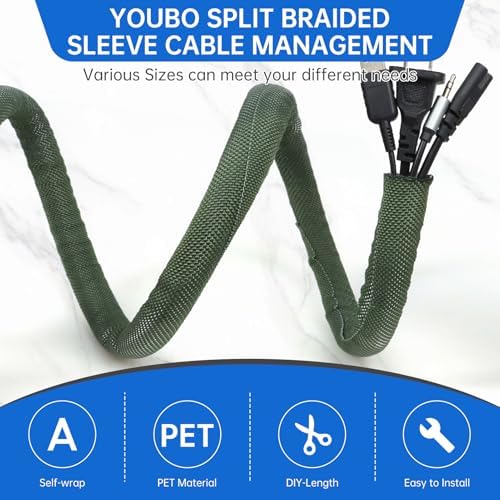 Split Braided Cable Sleeve，Flexible Wire Loom Tubing, Automotive Cord Protector Pet Proof, Cable Management for Computer TV Electric Wires Harness 16ft (Dark Green, 19mm（3/4") - Image 2