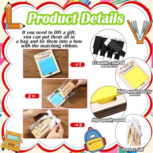 Kosiz 31 Pcs Back to School Teacher Gifts Bulk, Including 6 Thank You Wood Chalkboard Erasers with Markers 6 Note Sticky 6 Wooden Note Holder Measuring Tape for First Day of School Classroom Favor - Image 6