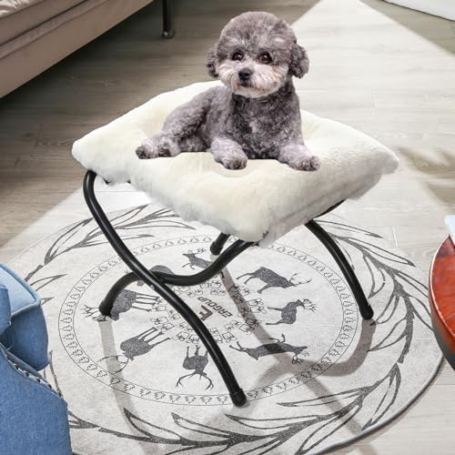 15" Faux Fur Upholstered Folding Foot Rest Stool with Metal Frame Beige - Image 5