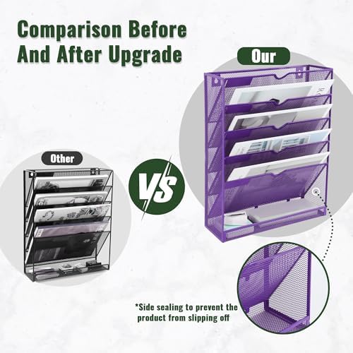 EASEPRES 6 Tier Mesh Hanging Wall File Organizer, Desk Vertical Mail Paper Document Folder Holder Rack with Bottom Tray and Nametag Label for Office Home School, Purple - Image 3