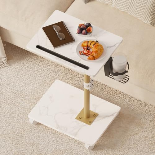 TV Tray Table, Adjustable Dinner Trays for Eating Table, 360° Swivel & Sofa Armrest End Side Table, C Shaped Couch Snack Table for Bedroom, Living Room, Small Space(White+Gold) by Katrawu