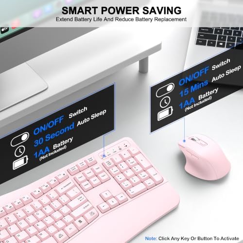 Wireless Keyboard and Mouse Combo, 2.4G Ergonomic Wave Keys(Light Pink) - Image 6