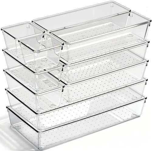 10 Pack Clear Drawer Organizer, 5 Sizes, Non-Slip Storage Trays by CHOWAY