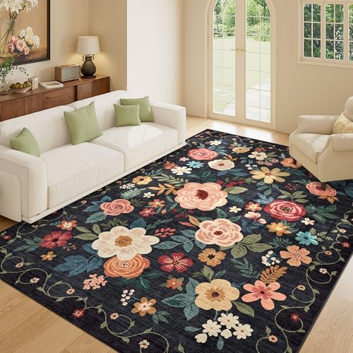 DUKINO 6x9 Area Rugs, Floral Washable Rug for Bedroom Non Slip, Black - Image 3