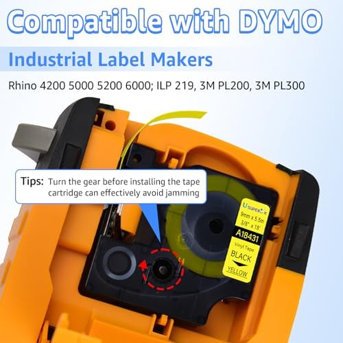 USUPERINK 4 Pack Compatible for Dymo 18431 Black on Yellow 9mm 3/8'' x 5.5m 18' Permanent Vinyl Label Tape Work with Rhino Pro 1000 3000 4200 5000 5200 6000 3M PL100 PL150 Industrial Label Makers - Image 3