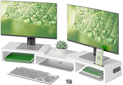 BONTEC Dual Monitor Stand Riser, Adjustable Length & Swivel Angle, White by BONTEC