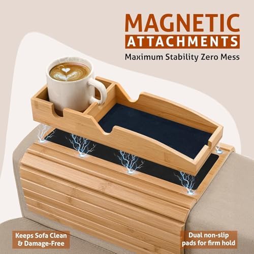 Magnetic Bamboo Couch arm tray - 3 in 1 Detachable Bamboo Sofa Arm Tray Table with Cup Holder - Foldable Non Slip Couch Armrest Table For Remote, Cell-Phone & Drinks, Snacks – Space-Saving,17.6"x13.3" - Image 5