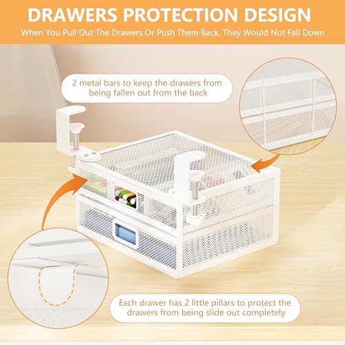 Sliding Under Desk Drawer Organizer No Drilling 2 Drawers Slide Out Desktop Or Under Table Storage Metal Clamp On Desk Drawer Attachment Small Desktop Organizer for Home & Office, White - Image 4