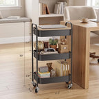 DTK 3 Tier Rolling Cart with Wheels, Heavy Duty Metal Utility Cart, Mobile Storage Organizer with Lockable Casters, Multi-Purpose Rolling Cart for Nursery, Bathroom, Kitchen, Office, Classroom - Image 2