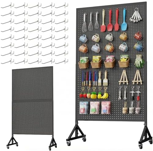Metal Pegboard Display Stand 3 x 5.5 Feet, Adjustable Height with 40 Peg Board Hooks and Wheels, Pegboard Display Rack, Craft Display Rack, Retail Display Rack, Garage Peg Board by GIKLUX
