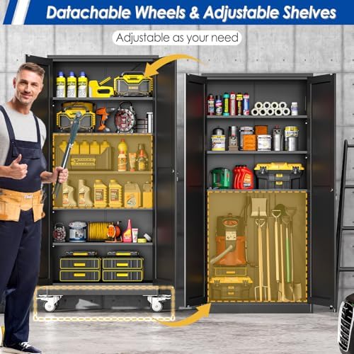 GAIOUS Metal Garage Storage Cabinet with Lock, Steel Tool Cabinet with 2 Doors and 5 Adjustable Shelves, 75” Tall Lockable File Cabinet with Wheels, Organization for Home Office Garage Gym - Black - Image 3