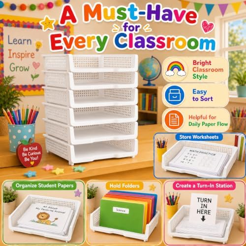 6 Pcs White Turn in Trays Classroom, Stackable Paper Bins for Classroom, 13x9x2.8 inch Plastic Baskets Desktop Organization System Office (White) - Image 5