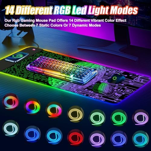 ToLuLu Wireless Charging RGB Gaming Mouse Pad, 15W LED Mouse Mat with 30W Charger, 14 Light Modes Large Mousepad Wrist Support, Non-Slip Rubber Base Desk Mat Computer Keyboard Pad, Right Left Brain - Image 3