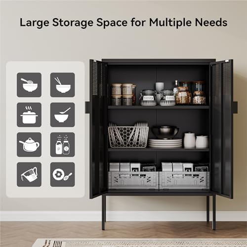 COFaR Black Metal Cabinet with Adjustable Shelves, 47”H Industrial Buffet Sideboard & Coffee Bar Station, Ventilated Steel Storage Cabinet with Magnetic Doors for Kitchen, Office, Living Room - Image 6