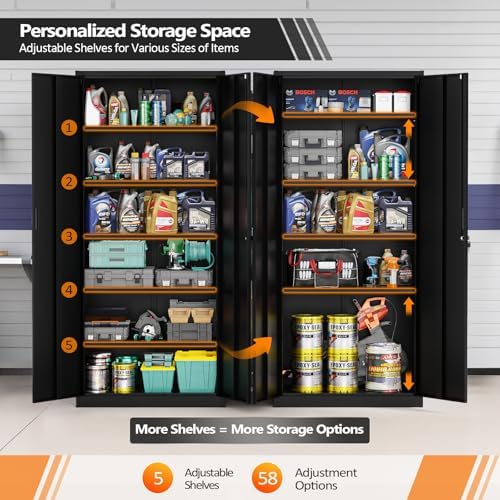 VINGLI Metal Garage Storage Cabinet with 2 Doors and 5 Adjustable Shelves, 71" Tall Steel Lockable File Cabinet, Locking Tool Cabinets for Home Office Garage Gym School (Black) - Image 4