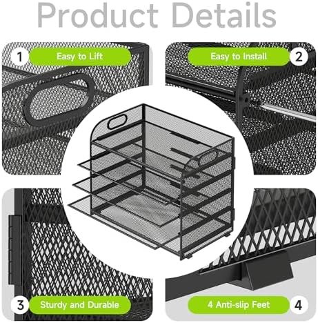 Cawukege 2 Pack 5 Tier Paper Organizer, Letter Tray with Handle, Mesh Desk Organizer, Metal File Organizer, Office Desk Accessories for Home, Office, Classroom, School -Black - Image 4