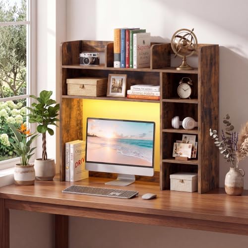 LDAILY Desktop Bookshelf with LED Lights, 35.5’’ Wooden Desk Shelf with 8 Cubes & 3 Adjustable Storage Shelves, 5-Tier Desk Hutch for Dorm College Office Computer Monitor Up to 25’’(Rustic Brown) - Image 2