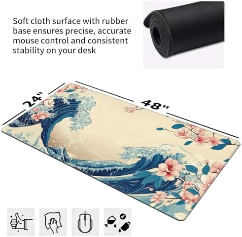 Cherry Blossom Japanese Wave XXL Gaming Mouse Pad 48"x24",Extended Desk Mat - Image 2