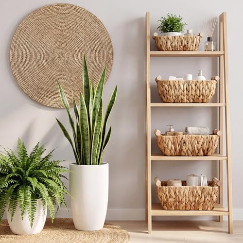 Newtay 4 Pack Wicker Storage Baskets, Hand Woven Basket for Organizing, Water Hyacinth Nesting Shelf Bins with Wooden Handles for Nursery Shelves, Bedroom Decor, Pantry School Office Desk, 4 Size - Image 4