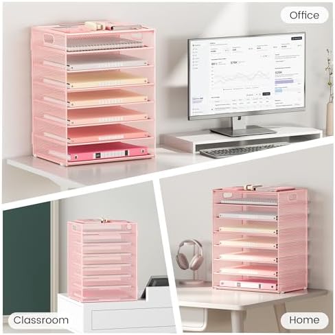 Lavatino 2 Pack 8-Tier Office Desk File Organizer, Letter Tray Paper Organizer with Handle, Including 5 Adjustable Slide Trays for Organizing Desk Workspace Accessories and Supplies (Pink Mesh) - Image 5