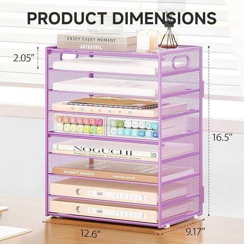 SUBEKYU 9 Tier Paper Letter Tray Desk Organizer with Handles - Purple Metal Mesh File Holder Paper Sorter Desk Organizer for Office Home School, Include 6 Pcs Adjustable Slid Tray, 6 Colors Available - Image 3
