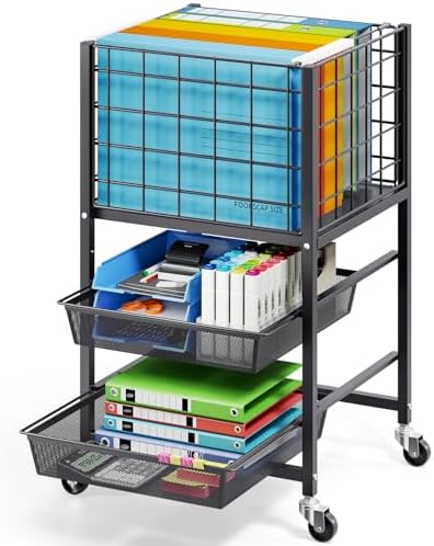 TOOLF Rolling File Cart, 3-Tier Metal File Cabinet with Wheel, Filing Cabinet with 2 Sliding File Trays, Adjustable Hanging File Folder Organizer for Office, Home, Classroom Black by TOOLF