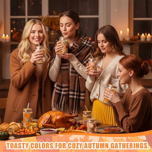 12 Pcs Fall Glass Cups with Lids and Straws 16 oz Autumn Pumpkin Leaves Coffee Tumblers Cozy Fall Drinking Cups Aesthetic Thanksgiving Gifts Bulk for Women Her Adults Party Favors - Image 5