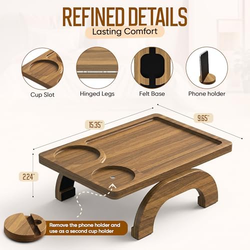 Acacia Wood Sofa Arm Tray - 3-in-1 Couch Arm Table with Phone Holder, Cup Holder & Foldable Tray - Armrest Clip-On Design for Couch with 360° Rotated Phone Holder - Image 2