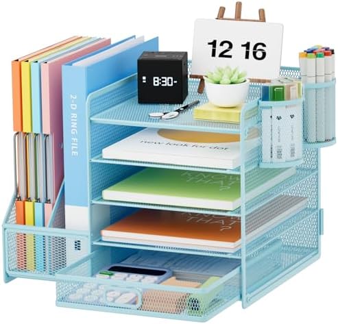 Marbrasse Desk Organizer with File Holder, 5-Tier Paper Letter Tray Organizer with Drawer and 2 Pen Holder, Mesh Desktop Organizer and Storage with Magazine Holder for Office Supplies(Blue) by Marbrasse