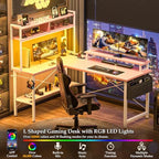 Aheaplus L Shaped Gaming Desk with Power Outlets & LED Lights, Pink - Image 5