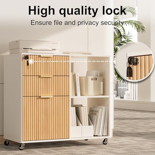INNOD 3 Drawer Fluted Mobile Filing Cabinet with Lock, Lateral Rolling Under Desk File Cabinet, Wooden Printer Stand Table for Home Office Essentials Storage Organization Furniture Letters/A4(Oak) - Image 6