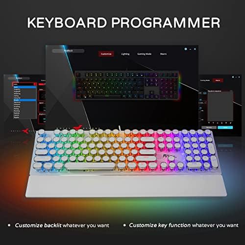 RK ROYAL KLUDGE S108 Typewriter Gaming Keyboard, Retro RGB Mechanical Keyboard, Full Size Wired Keyboards with Number Pad and Detachable Wrist Rest, Round Keycaps, Clicky Blue Switches White - Image 4