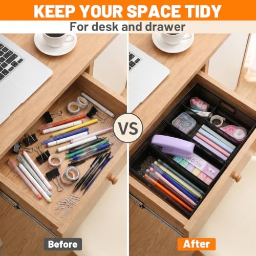 5 Pack Desk Drawer Organizer Tray Set - Stackable Metal Mesh Desk Drawer Organizers and Accessories, for Office Supplies Storage(Black) - Image 4