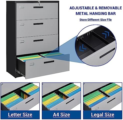 Fesbos Metal Steel 4 Drawer Lateral File Cabinet with Lock, Filling Cabinets for Home Office, Lockable Storage Cabinet for Hanging Files Letter/Legal/F4/A4 Size-Assembly Required - Image 5