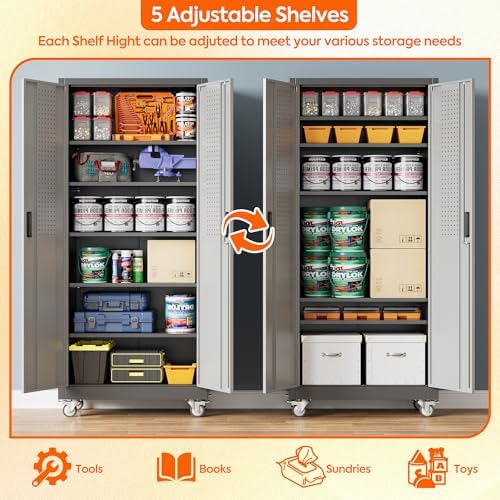Aobabo Metal Garage Cabinet with Wheels, 34" W x 18" D x 71" H,Gray - Image 4