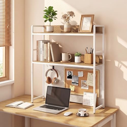 Desk Hutch, 37" Desktop Bookshelf with Pegboard, Countertop Storage Hutch for Computer Monitor, 2-Tier Desk Display Rack, Desktop Organizer Shelf for Dorm Home Office (White+Natural) - Image 7