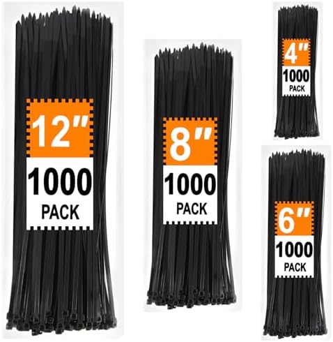 Zip Ties Assorted Sizes 4+6+8+12 inch, 4000 Pack, Black Cable Ties, UV Resistant Wire Ties for Outdoor Use, LOCKLOCK by Unknown