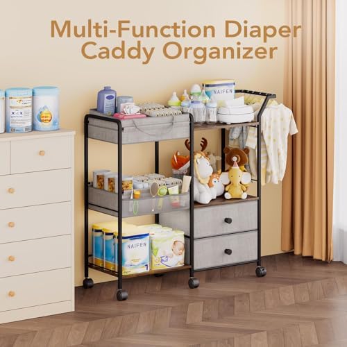 BBLIKE Diaper Caddy Organizer, Baby Storage Cart with Hanging Rack, Gray - Image 2