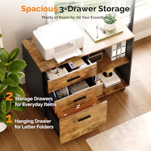 VINGLI 3 Drawer Wood Lateral File Cabinet with Adjustable Shelves & Locking Wheels, Printer Stand with Drawers for Letter, Sturdy Black File Cabinets for Home Office, Study & Business, Rustic Brown - Image 4